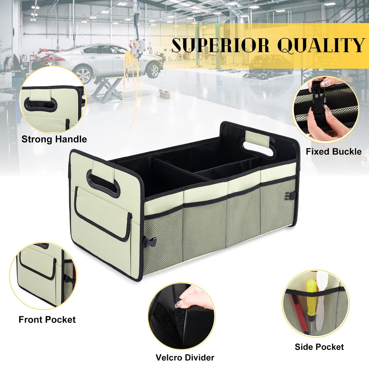 JiatuA Car Trunk Organizer, Car Organizers and Storage Collapsible Multi Compartment Container Box, Adjustable Car Accessories for SUV Sedan Truck, Standard Size, Light Green