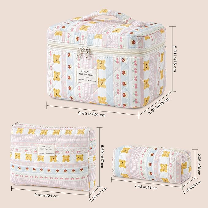 HBselect Quilted Makeup Bag, 3PCS Cotton Large Travel Makeup Bag, Cute Floral Coquette Make up Bag Cosmetic Bag Toiletry Bag for Women Girls