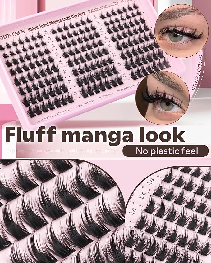 Goddvenus Fluffy Manga Lash Clusters Kit, Natural Wispy Cluster Eyelash Extensions, DIY Lash Extension at Home For Dolly Anime Look, Fairy Individual Lashes Kit with Waterproof Bond and Seal