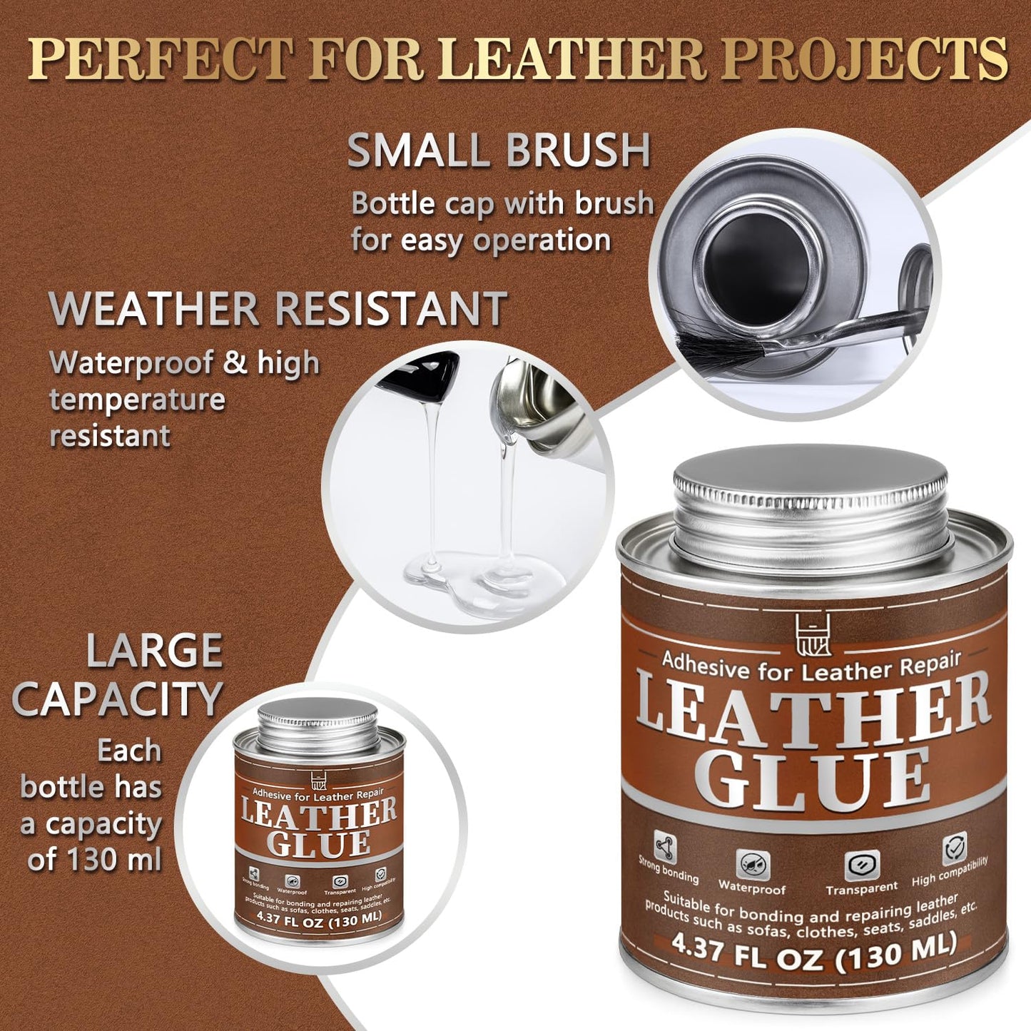 Leather Glue, 130ml Waterproof High Strength Adhesive, Clear Flexible Repair Cement for Bonding Between Sofas, Car Seats, Saddles, Crafting, DIY Projects
