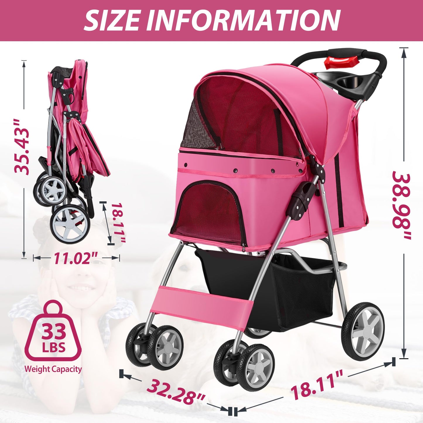 Unisakey 4 Wheels Pet Stroller for Small Medium Dogs Cats 10-33 lbs, Foldable Dog and Cat Stroller with Cup Holder & Storage Basket & Breathable Mesh, Pet Strolling Cart for All-Season, Pink
