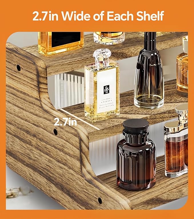 Wooden Cologne Organizer for Men, Perfume Organizer Stand, Cologne Stand with Anti-Slip Washers, Wooden Display Risers Stand for Dessert, Cupcake, Charcoal-Grilled, 3-tier-9.4in