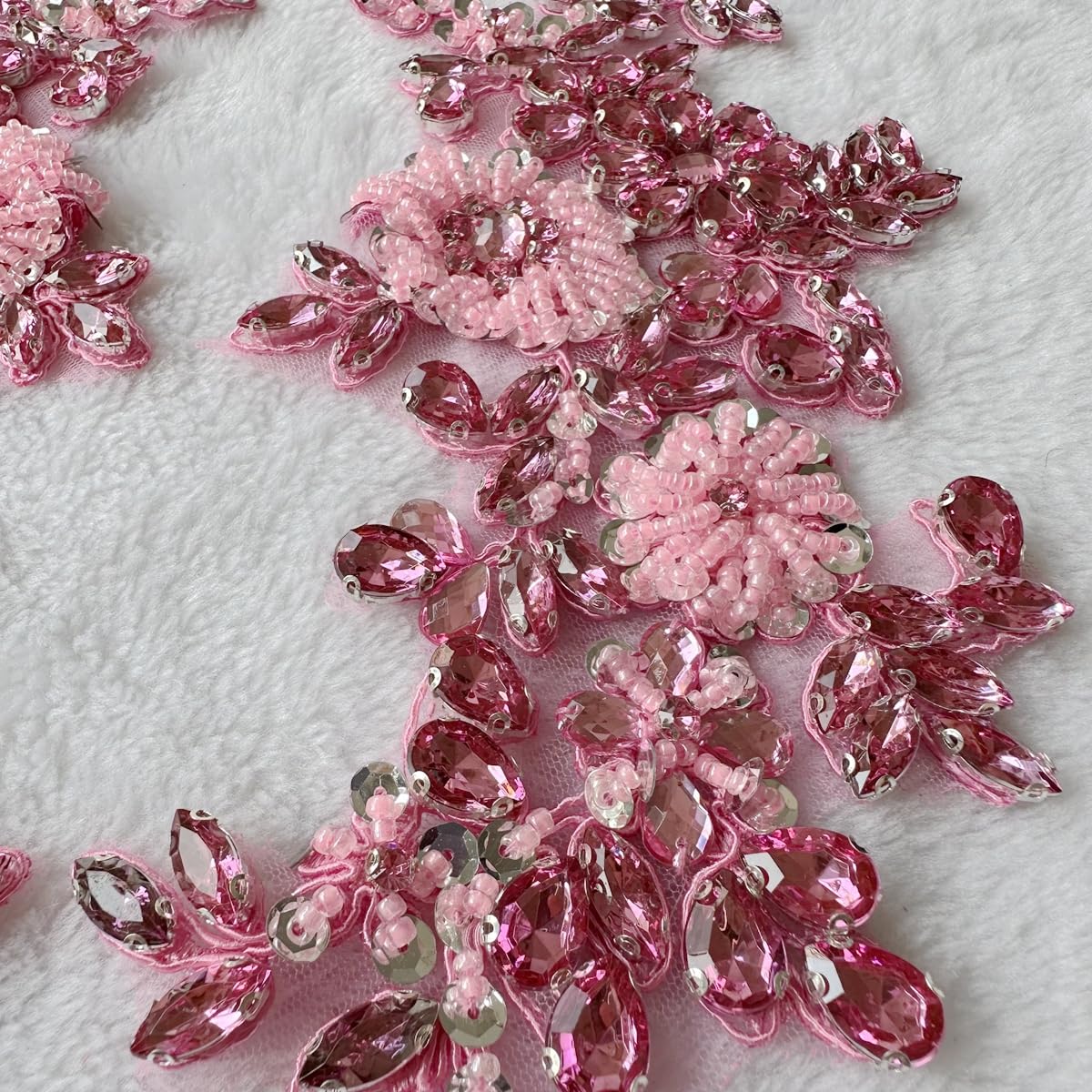 XZG.beatal Handmade Shining Rhinestones lace Applique Patches Sewing Beads Sequins Stone Trim Accessories for Wedding Dress 1 Pair/Bag 11X4.3inches (Pink)