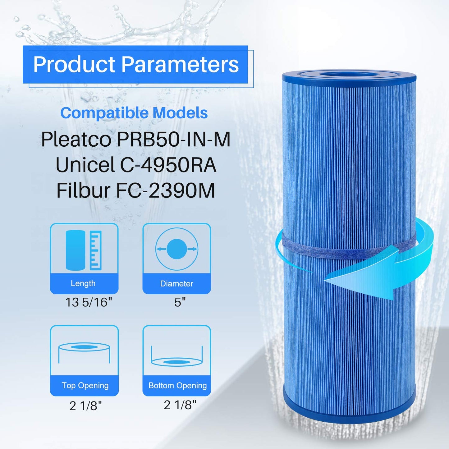 POOLPURE Replacement for Spa Filter Pleatco PRB50-IN-M, Unicel C-4950RA, Guardian 413-212-02, Filbur FC-2390M,17-2380,Jacuzzi J200 Series Filter,373045, 5X13 Hot Tub Filter, 1 Pack