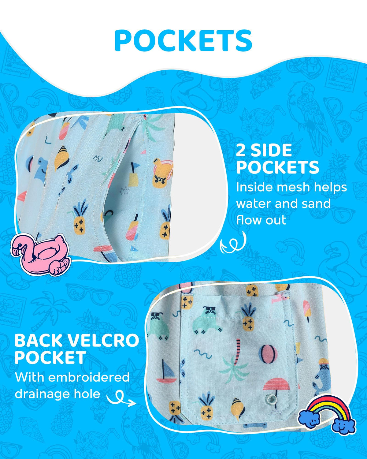 maamgic Boys Swim Trunks with Compression Liner Toddler Boy Swimsuit Quick Dry 4-Way Stretch Swimming Trunks Funny Pale Blue 8 Years