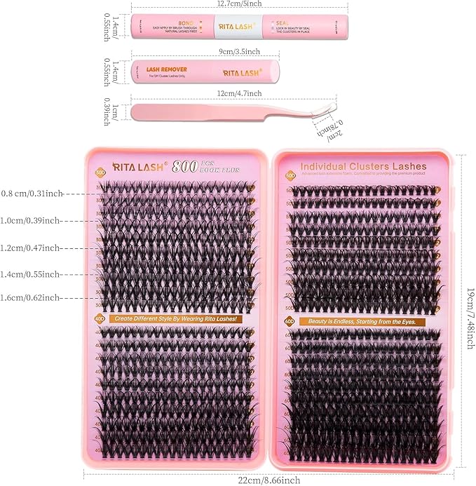 RITALASH Lash Extension Kit DIY Lash Clusters 800pcs Cluster Lashes Individual Lashes Book Set Eyelash Extension Kit with Lash Bond and Seal,Lash Remover,Lash Tweezers(30D+40D+50D+60D Kit,8-16mm)