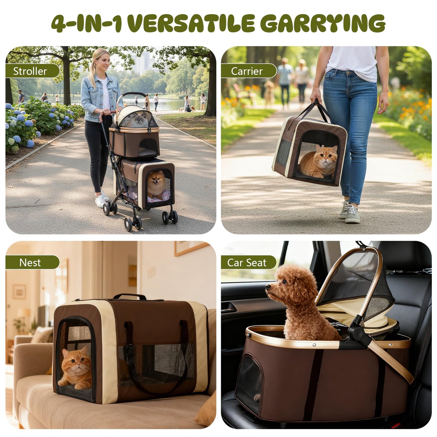 Beuway Double Pet Stroller for Dogs and Cats, One-Step Folding Dog Stroller Travel Carriage for Small Medium Dogs Cats, 2 Detachable Carrier Bags, 4 Lockable Wheels (Brown)