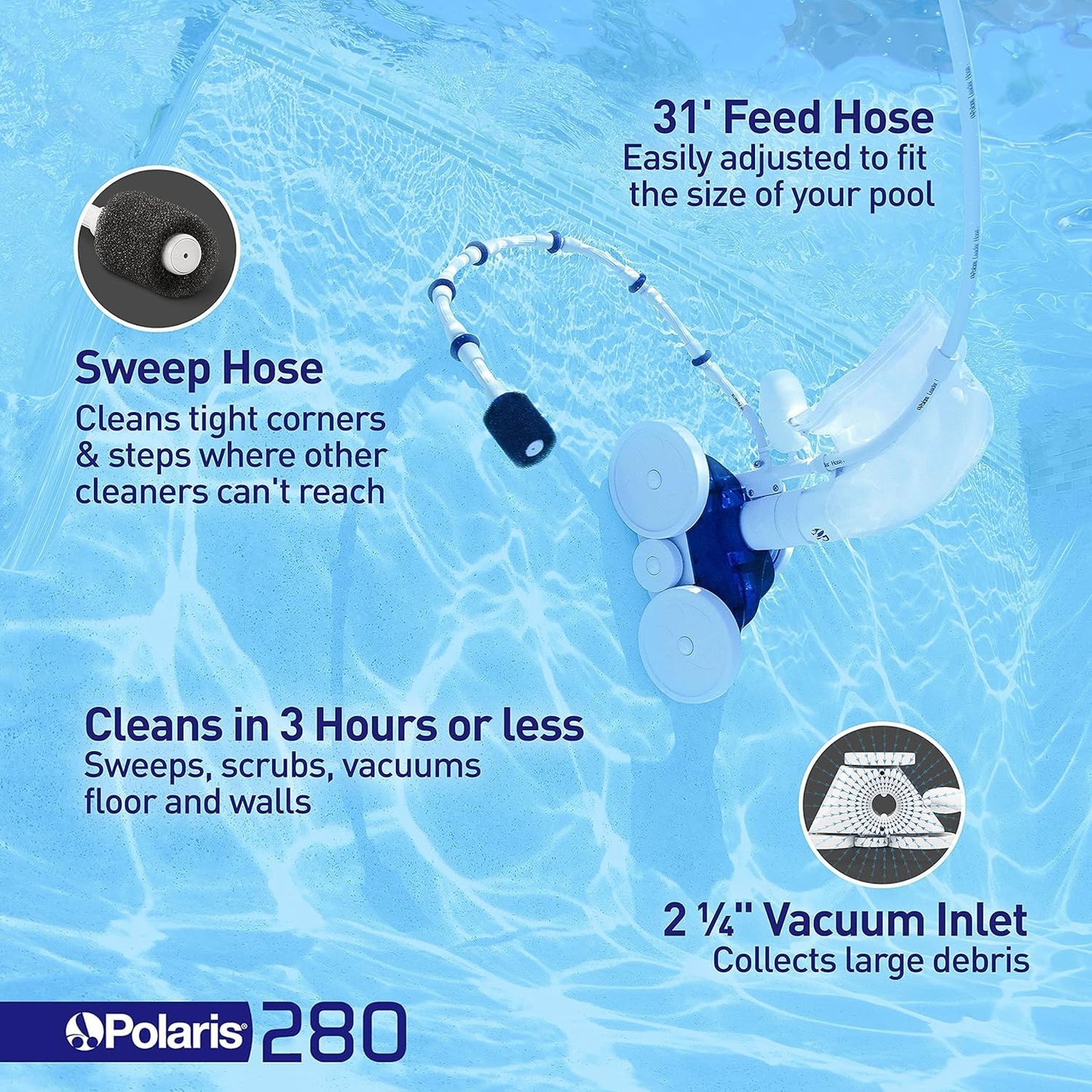 Polaris Vac-Sweep 280 Pressure-Side In-ground Pool Cleaner, Double Venturi Jet Powered, 31ft of Hose with an All Purpose Debris Bag