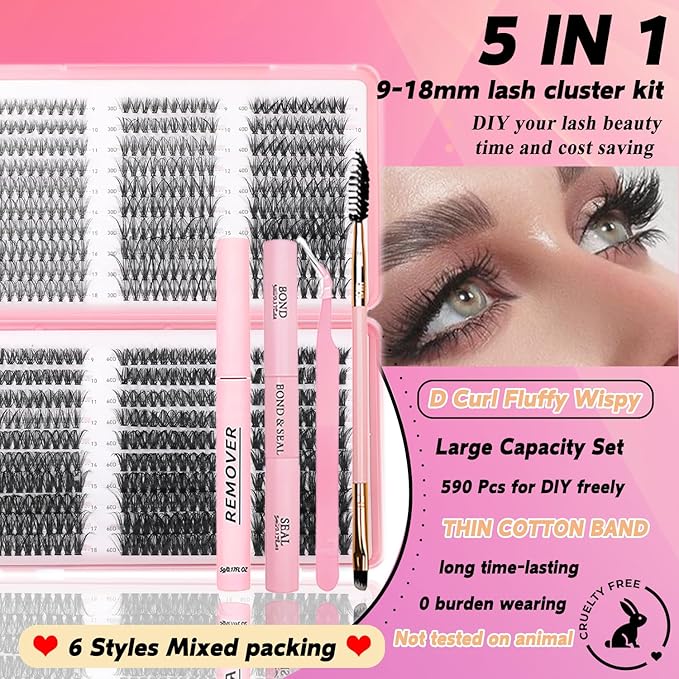 Lash Clusters Kit, 590 Pcs Eyelashes Clusters Kit 9-18mm Individual Lash Extension Kit D Fluffy Wispy False Eyelashes (20D+30D+40D+50D+60D+80D, Lash Clusters Kit)