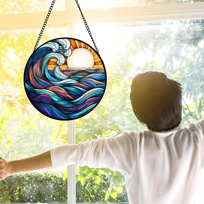 DASTOLL Stained Glass Window Hanging, Big Wave Sun Suncatcher Diamond Glass Panel Hangings Abstract Sun Catchers Decor for Birthday for Women, Men, Wife, Aunt, and Mom 9.8 in