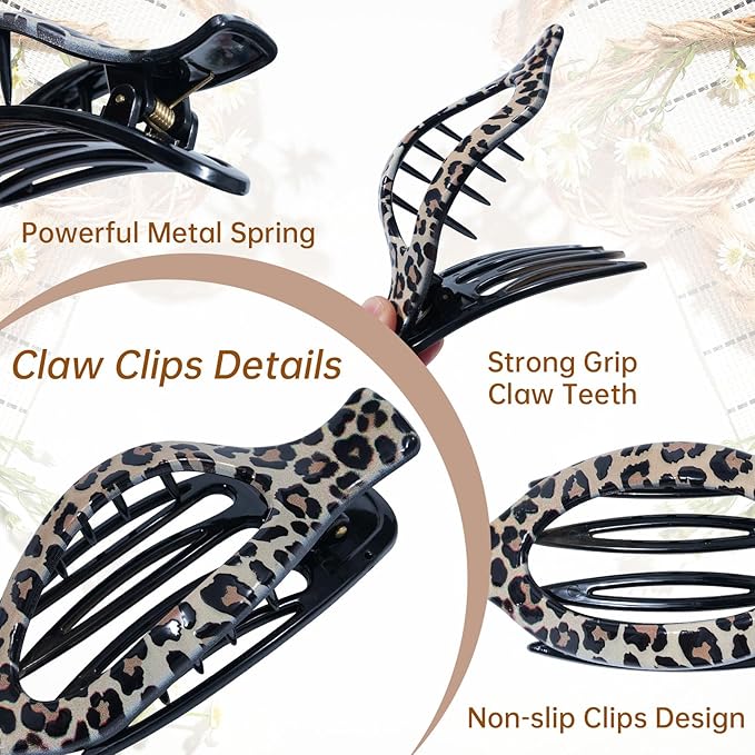 French Flat Hair Clips for Women - 6Pcs Flat Hair Claws for Thin Thick Hair Strong Hold No Slip Grip Hair Claw Clips for Women Girls (Leopard print (Neutral))