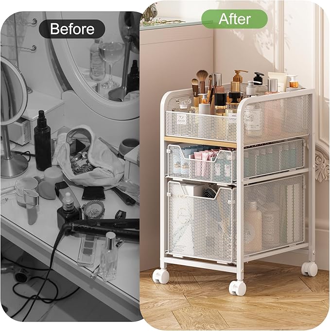 Hongtamoya Rolling Makeup Cart Organizer with 2 Drawers, Narrow Floor Skincare Organizers, Vanity Organizer Cosmetics Display Cases Holder for Skin Care Nail Polish Perfume Makeup Brush, White