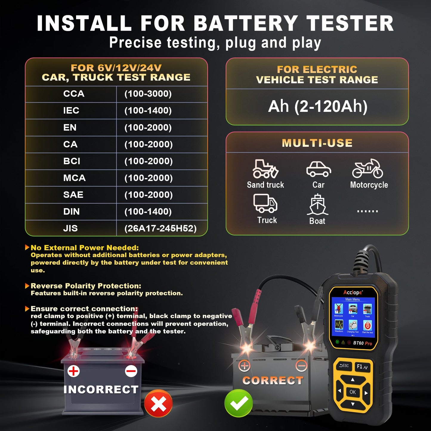 Acclope BT60 PRO Car Battery Tester 6V/12V/24V, 2–120Ah, 100–3000 CCA, AGM/Gel/Lithium, Alternator & Starter/Charging System Analyzer, QR Cloud Report (No App), Digital Analyzer