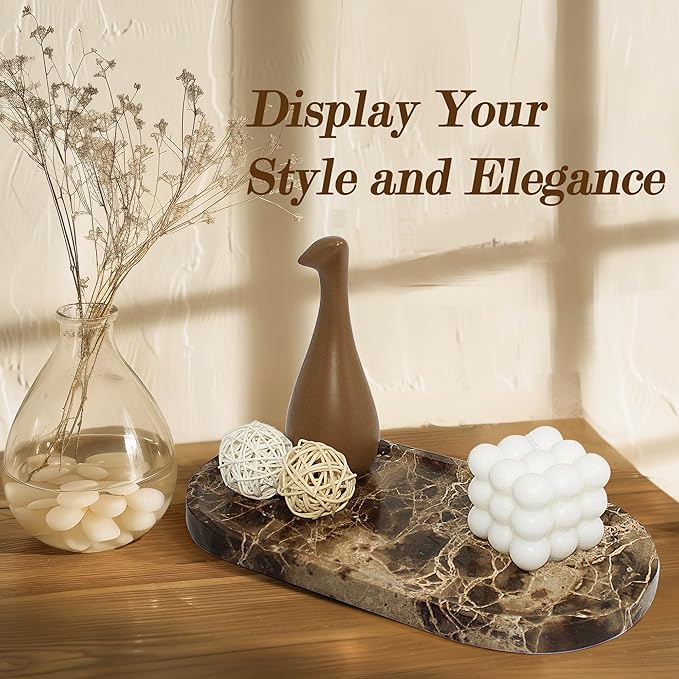 YMXYJM Genuine Real Natural Marble Tray for Bathroom, Luxury Dark Brown Stone Vanity Tray, Decorative Oval Trays for Countertop Storage, Vanity, Dresser, Kitchen, Home Decor, 11.8" x 6", Brown