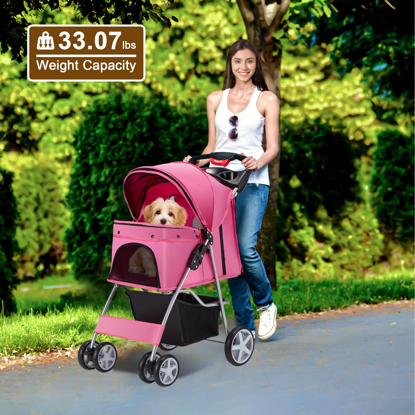 Azaeahom Pet Stroller, 4 Wheels Pet Strolling Cart for Medium/Small Dogs and Cats, Foldable Cat Jogger/Dog Stroller with Cup Holder, Storage Basket, Breathable Mesh, All-Season Pet Carrier, Pink