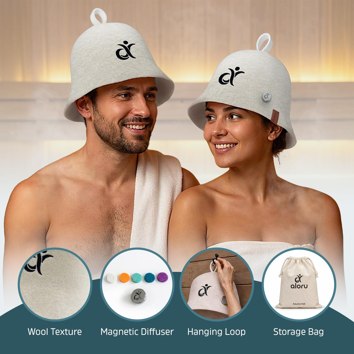 100% Merino Wool Sauna Hat for Women & Men with Aroma Diffuser, Ultra Soft Heat Protection for Hair & Scalp, Lightweight Merino Wool Sauna Cap, Hanging Loop & Storage Bag Included