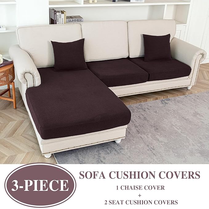 Couch Cushion Covers for Sectional Sofa L Shape Washable Separate Seat Chaise Couch Cover Stretch Sofa Slipcovers with 2 Pcs Pillowcases(2 Seater + 1 Chaise, Brown)
