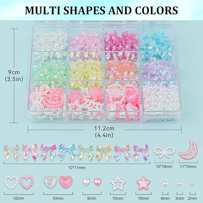 600 Pcs 3D Nail Charms and Flatback Pearls #10, 6 Colors Bow + Pink&White Star Heart Moon Cute Charms + 2-6mm White Pearls for Nail Art Design with Nail Charm Glue(UV Needed) and Pickup Tools