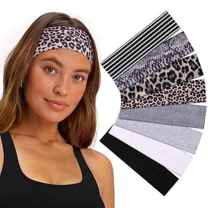 Ztomine 8 Pack Headbands for Women Non Slip - Stylish Sports Hair Bands for Women's Hair - Soft Cotton Cloth Stretchy Headbands for Women for Yoga, Outdoor Exercise Running