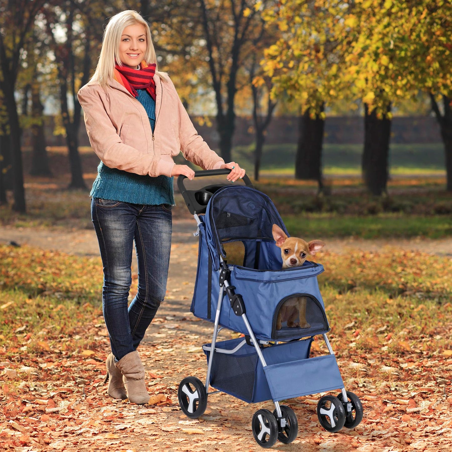 Pet Stroller 4 Wheels Dog Cat Stroller for Small Medium Dog Cats Carrier Jogger Travel Foldable Puppy with Storage Basket and Cup Holder (Navy Blue)