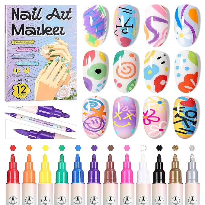 SAVILAND 12 Colors Nail Polish Pens Set: 20s Quick-Drying Dual-Tip Acrylic Paint Nail Art Pens Fine Tip for Painting Nails, Drawing Dots, Lines & Designs, Home DIY Nail Art Supplies