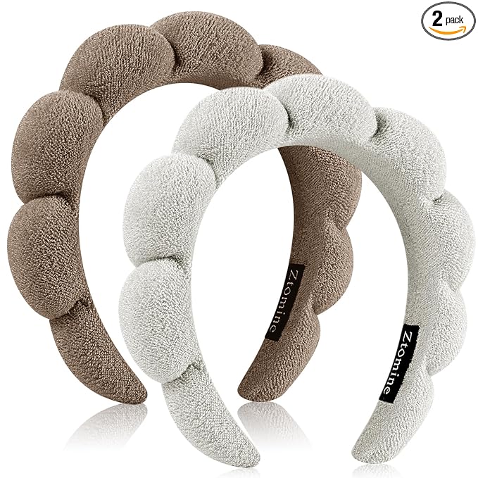 Ztomine Face Wash Headbands, Set of 2 - Terry Cloth Spa Headbands for Washing Face or Facial, Dark Khaki + Cement Ash