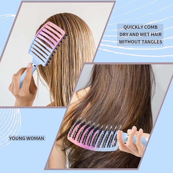 Detangling Brush Boar Bristles Hair Brush for Adult & Kids Wet or Dry Hair,Curved and Vented Detangler Brush - Adds Shine and Makes Hair Smooth(Blue)