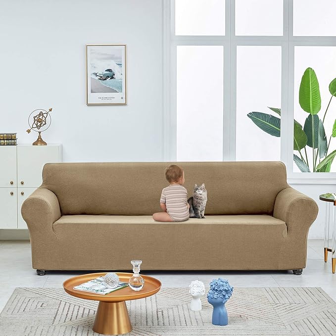 Joccun Stretch Loveseat Couch Cover Slipcover, 1-Piece Sofa Cover for 2 Cushion Couch Spandex Jacquard Washable Furniture Protector Cover for Living Room,Kids,Pets（Loveseat,Tan）