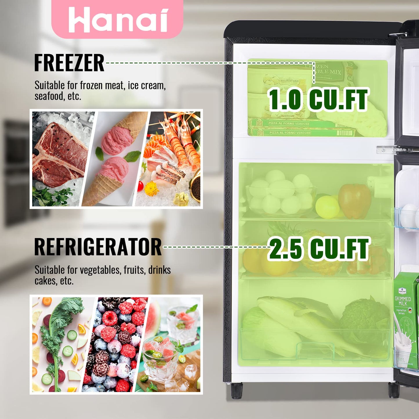 WANAI 3.5 Cu.ft Retro Mini Fridge with Freezer Compact Refrigerators Black Small Fridge Dual Door Classic Refrigerator Removable Glass Shelves Adjustable Thermostat for Home Office Dorm RV