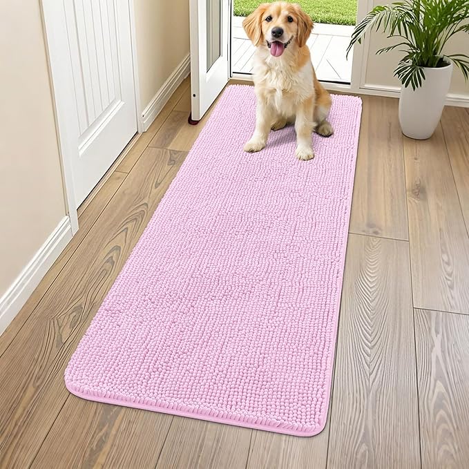 Smiry Dog Door Mat for Muddy Paws 47x24, Absorbs Moisture and Dirt Doormat, Non-Slip Washable Quick Dry Chenille Front Door Mat Indoor Entrance, Entryway Carpet for Inside Floor, Pink