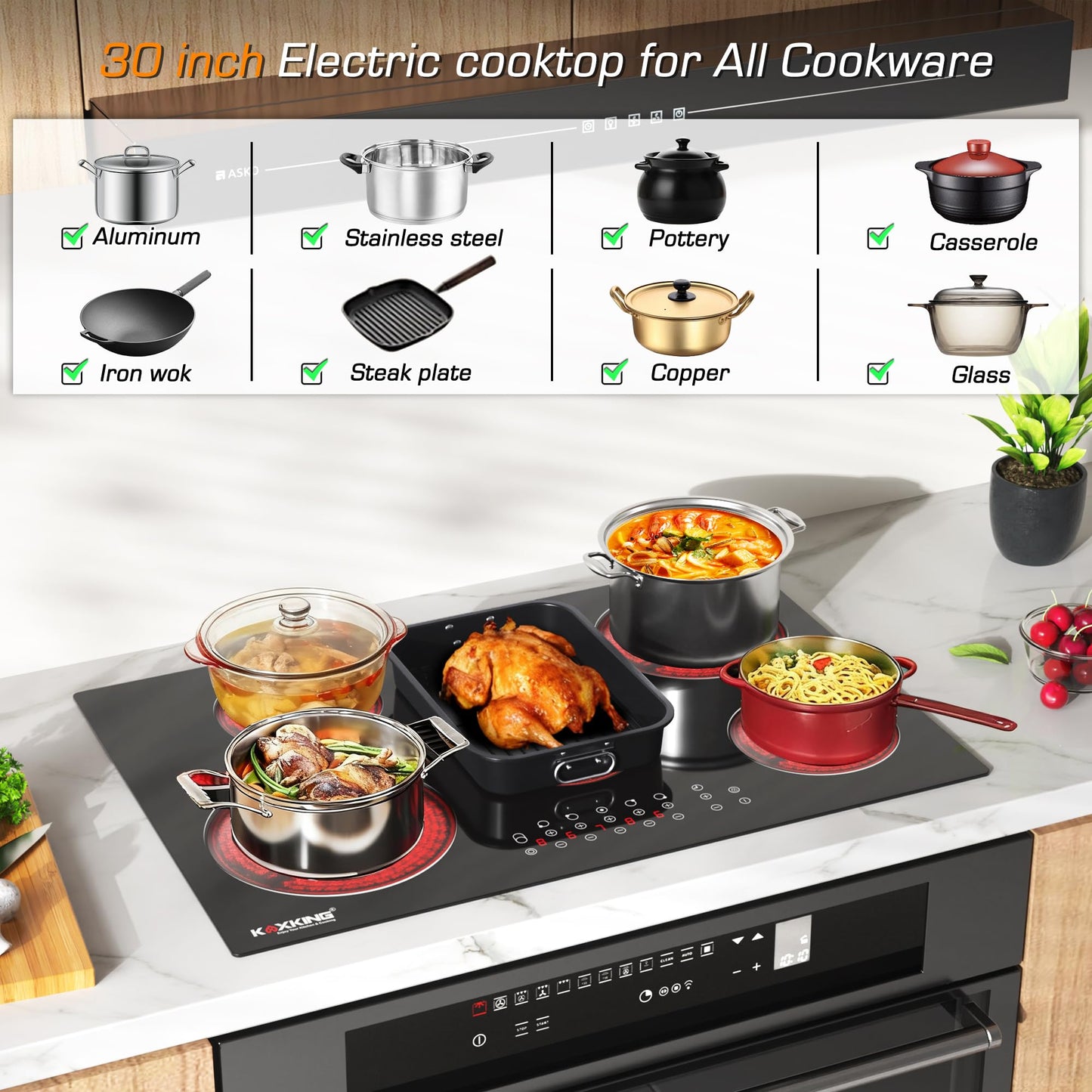 30 Inch Electric Cooktop 5 Burners, 8500W Built-in Radiant Ceramic Stove Top with Dual Expandable Heating Zone, Touch Control 9 Power Levels, Timer & Child Lock, Hard Wired 220-240V