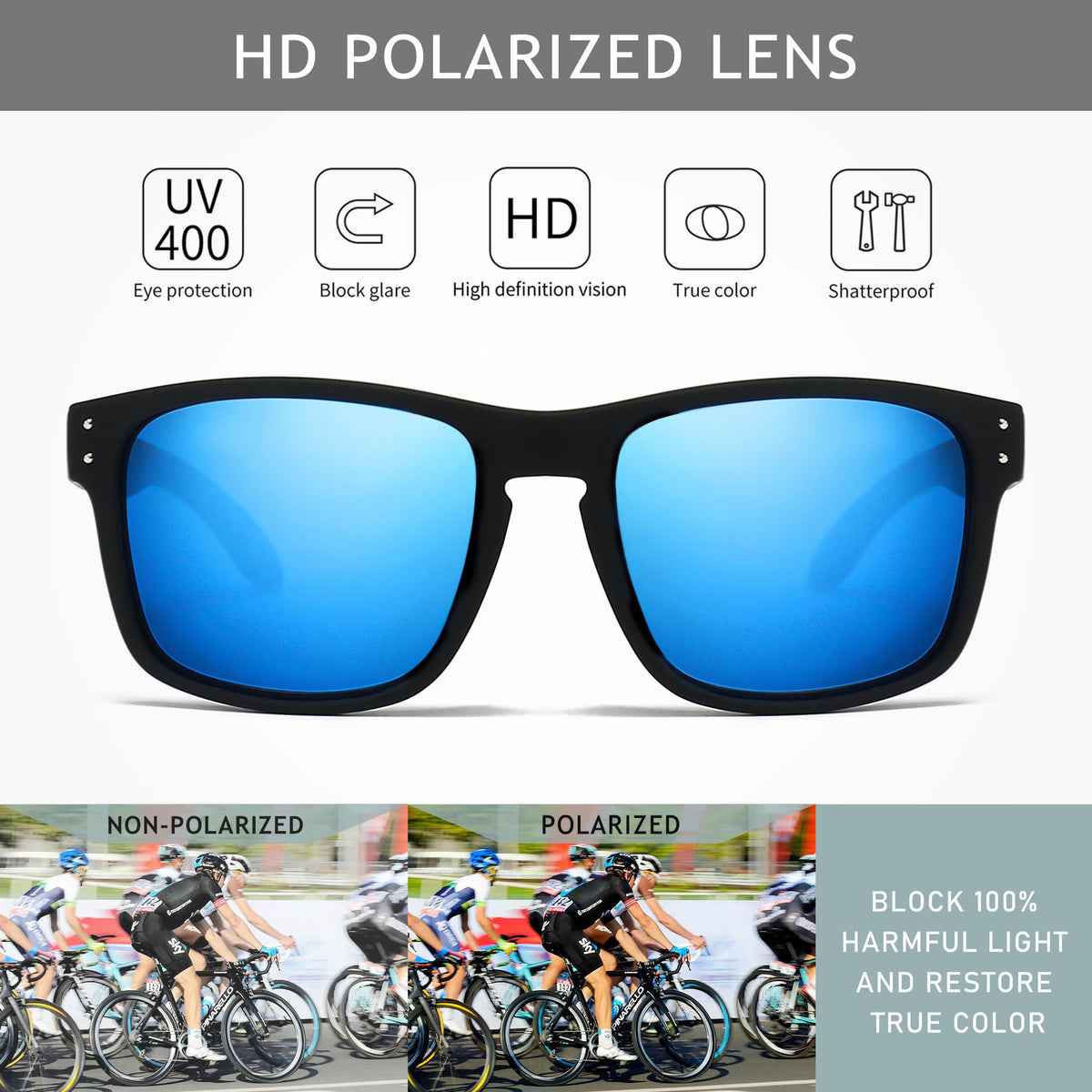 SUNGAIT Polarized Sports Sunglasses for Men Women: Blue Retro Square Shades UV400 for Driving Fishing Cycling Running Golf