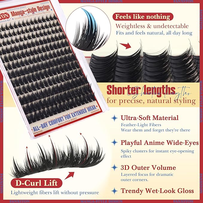 FANXITON Anime Lash Clusters 8-14mm Manga Lashes Extension Volume Cluster Eyelash Extensions Spiky Eyelash Extensions Soft Eyelash Clusters 204Pcs DIY at Home