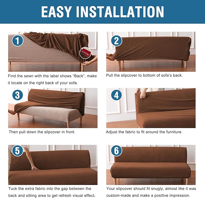 H.VERSAILTEX Armless Futon Cover Stretch Sofa Bed Slipcover Protector Elastic Feature Rich Textured High Spandex Small Checks Jacquard Fabric Futon Cover, Machine Washable, Caramel