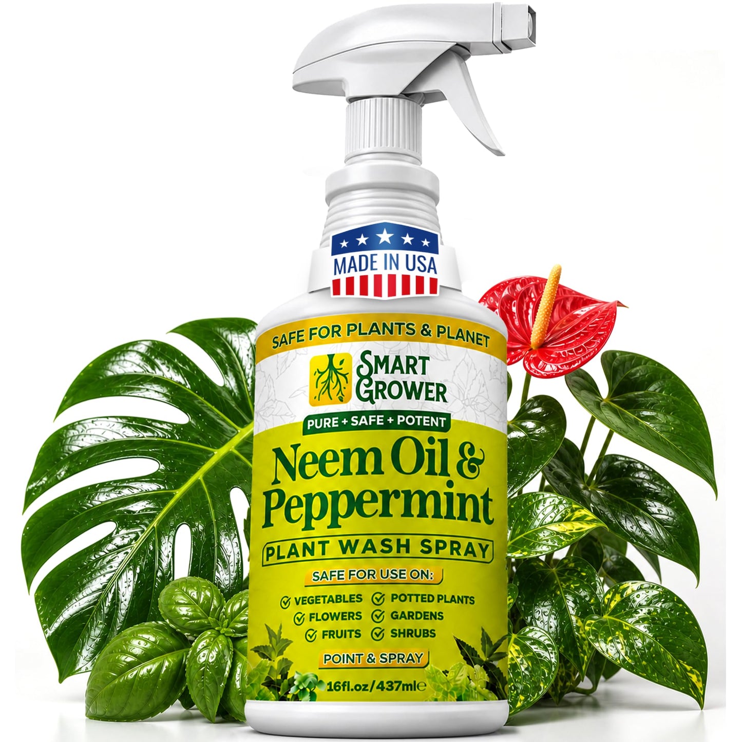 Neem Oil Spray for Plants with Peppermint Oil, Natural Plant Wash Made for Indoor and Outdoor Plants Smart Grower 16oz Easy Ready to Use Spray
