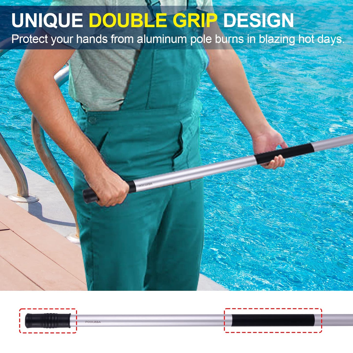 POOLAZA Pool Pole 16ft Heavy Duty, Detachable Swimming Pool Pole with User-Friendly Double Grip, Anodized Aluminum Pool Cleaning Pole, 4 Sections Super Sturdy Pool Poles for Cleaning