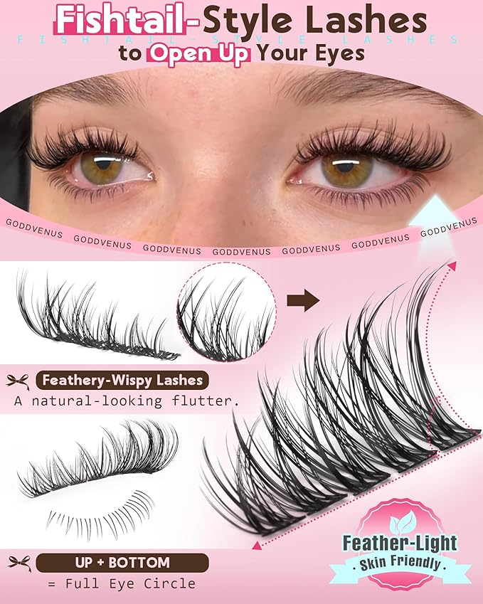 Goddvenus 250Pcs Natural Lash Clusters Kit Cluster Eyelash Extensions Kit Wispy DIY C Curl Individual Lashes Clusters With Bottom Eyelashes