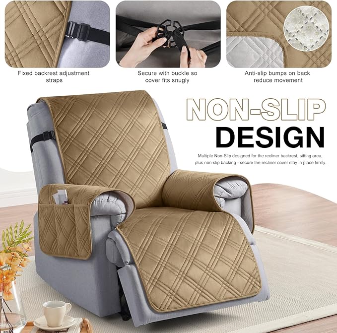 TAOCOCO 100% Waterproof Recliner Chair Cover, Recliner Covers for Recliner Chair with Pocket, Non Slip Reclining Chair Cover Furniture Protector for Kids, Pets(30'', Khaki-Velvet)