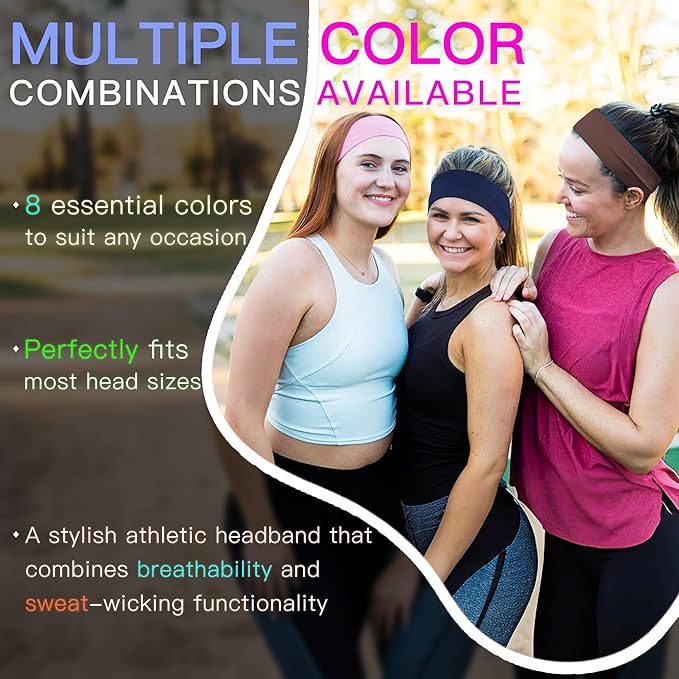 Ztomine 8 Pack Headbands for Women Non Slip - Stylish Sports Hair Bands for Women's Hair - Soft Cotton Cloth Stretchy Headbands for Women for Yoga, Outdoor Exercise Running