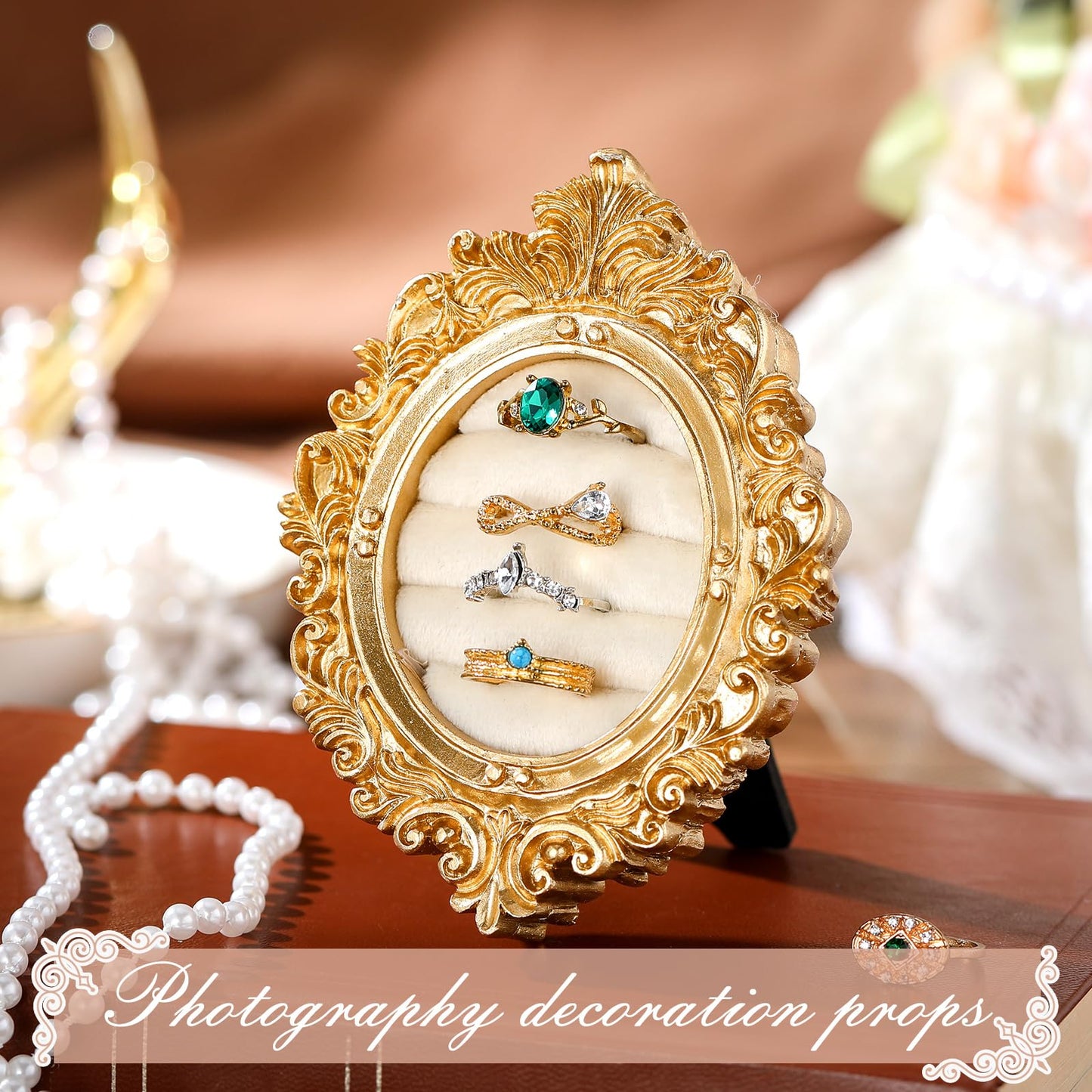 Liliaafar Vintage Ring Holder Oval Light Gold Ring Display Stand Frame Earring Display Tray Anniversary Engagement Baroque Wedding Jewelry Organizer Photograph Prop for Women Christmas Gift