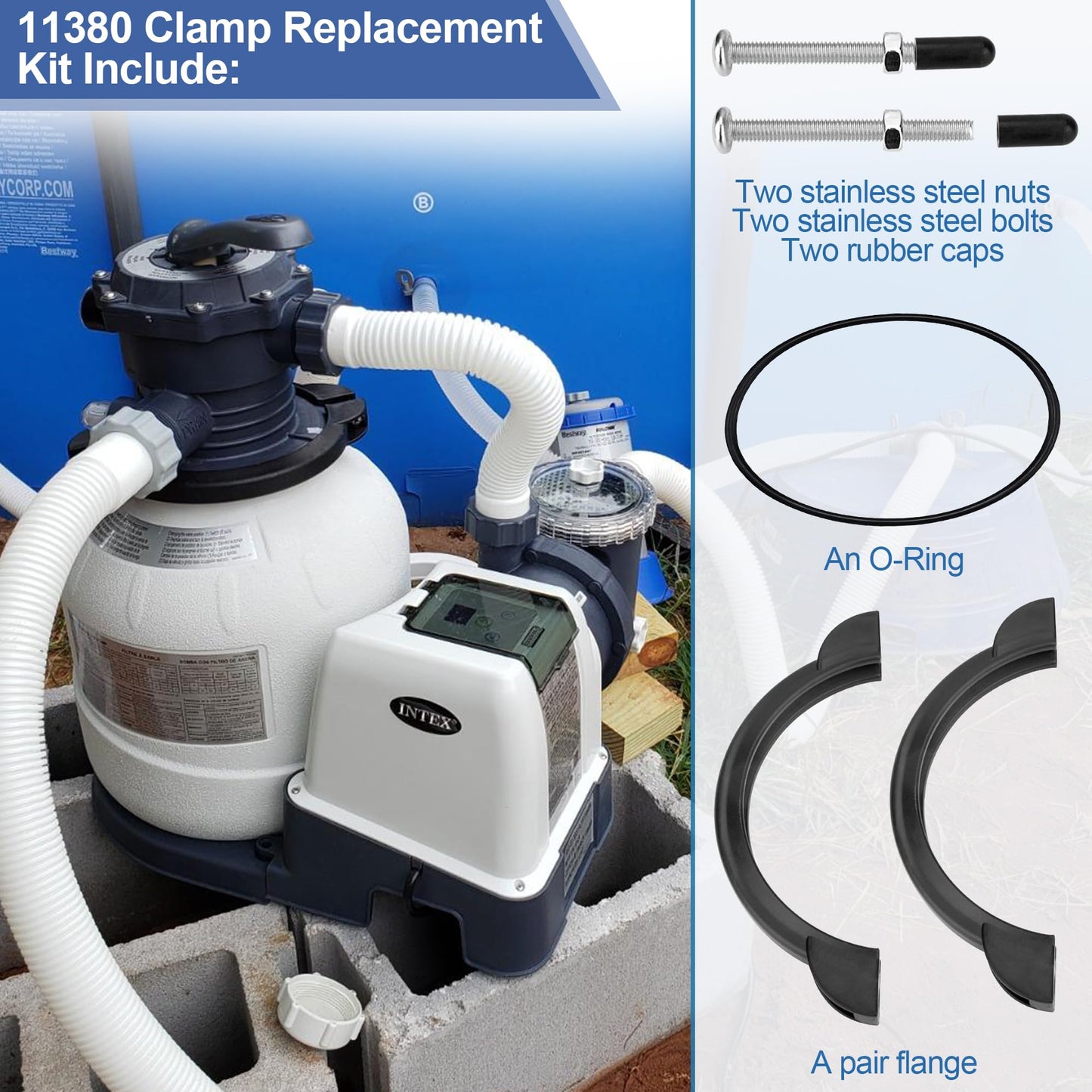 11380 Clamp Collar for Intex Above Ground Pool Pump- Compatible with Intex SX2100 Krystal Clear Sand Filter Pump and SX2800 Filter Pump Valve Clamp O Ring and Screws Replacement Parts