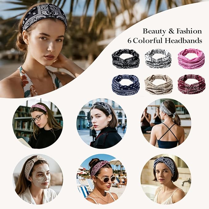 HSEM Headbands for Women 6-Pack – Wide Elastic Non-Slip Hair Bands – Thick Soft Knotted Sports Stretchy Sweatbands for Washing Face, Makeup, Workout, Running, Spa & Fashion, Water Drop