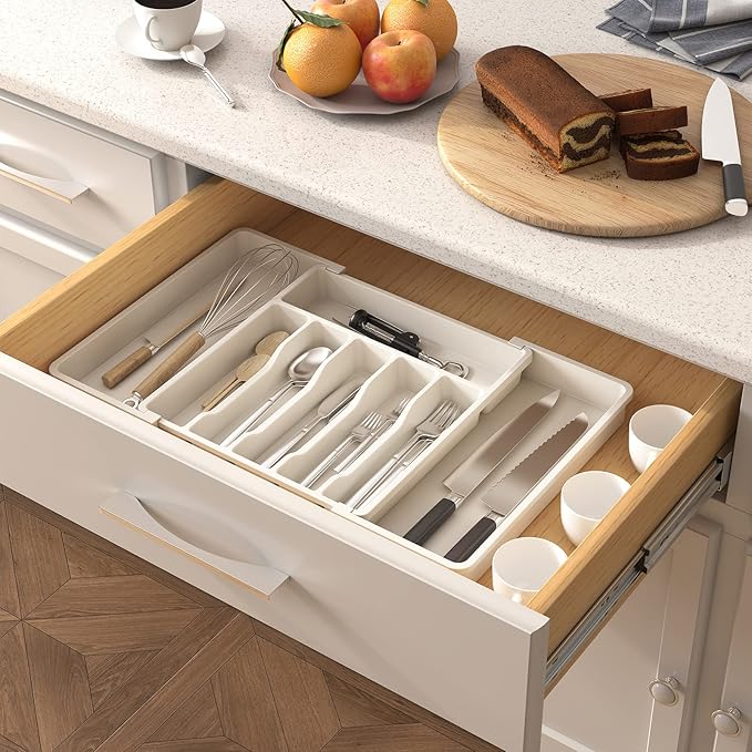 Lifewit Silverware Drawer Organizer, Expandable Utensil Tray for Kitchen, BPA Free Flatware and Cutlery Holder, Adjustable Plastic Storage for Spoons Forks Knives, 13-22 x 15", White