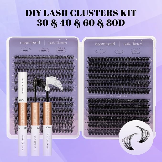 Ocean Pearl Lash Clusters 560pcs 10-18mm Lash Clusters kit 30/40/60/80D Cluster Eyelash Extensions Kit,Eyelash Clusters,Eyelashes,DIY Lashes Clusters Extensions kit with lash adhesive+sealer+tweezers