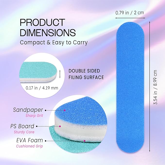 25PCS Mini Size PANA Professional Double Sided Nail Files - Blue, 180/180 Grit - Emery Board Nail Buffering File Manicure Pedicure Nail Polisher Washable