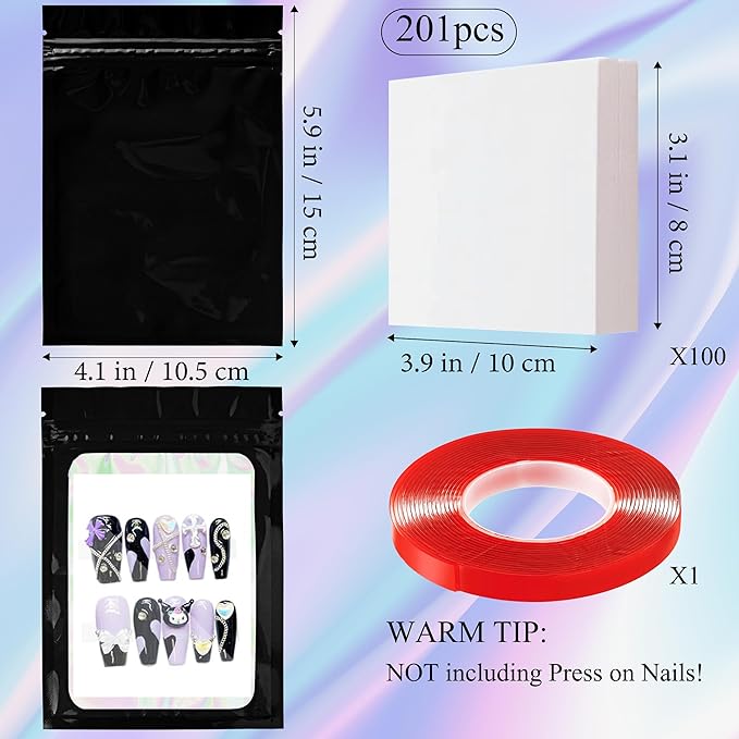 100PCS Empty Solid Black Holographic Nail Storage Bag Press on Nail Packaging Bag and 100PCS Shiny white cardboard Nail Tips Packaging Bags with 1 Roll Transparent Tape