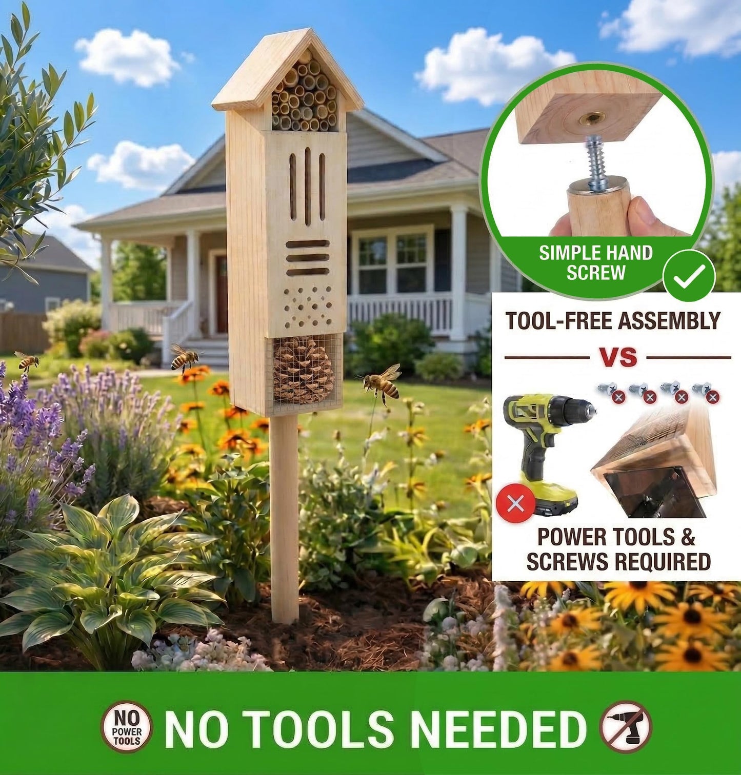 Wooden Insect House, Insect Hotel for Bugs, Bees, Butterflys, Ladybirds, Natural Beneficial Insect Habitat for Garden and Yard
