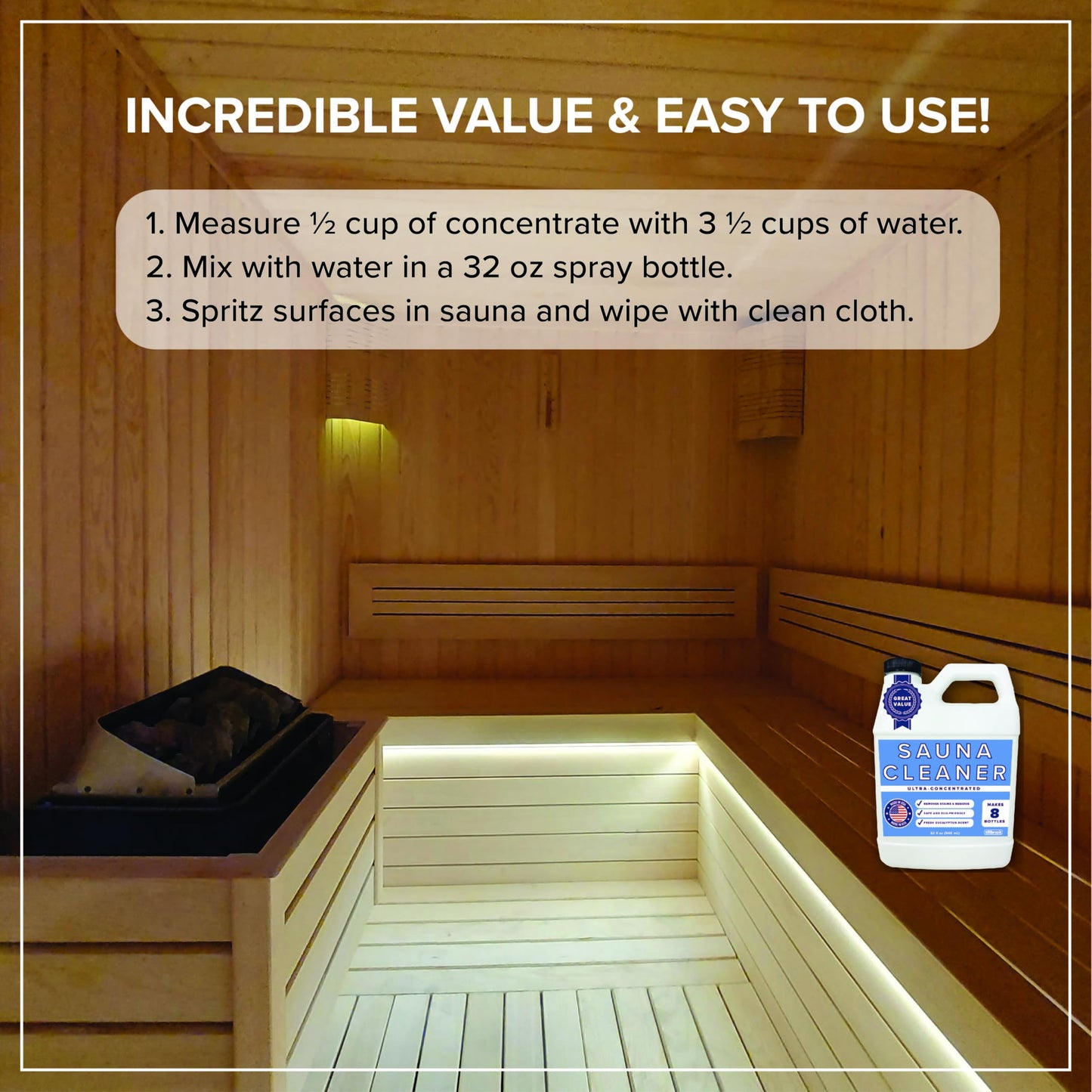 Tillbrook Sauna Cleaner - Makes 4 Gallons Concentrated Sauna Wood Cleaner - 32 oz All-Natural Cleaning Solution for Saunas - Safe for All Surfaces - Removes Grease, Sweat, & Dirt - Eucalyptus Scent