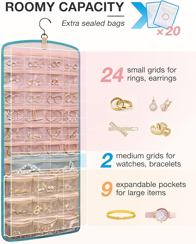 BAGSMART Hanging Jewelry Organizer, Necklace Holder Anti-tangle Earrings Rings Hanger with 20 Jewelry Bags Travel Storage Roll with Pockets Hang on Closet, Wall, Door,1 Piece, Large, Teal