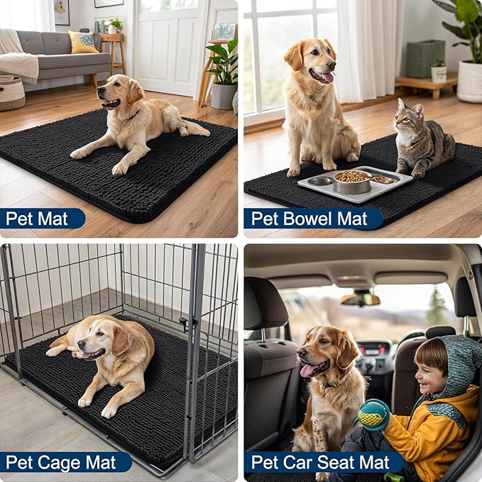 Smiry Dog Door Mat for Muddy Paws 40x24, Absorbs Moisture and Dirt Doormat, Non-Slip Washable Quick Dry Chenille Front Door Mat Indoor Entrance, Entryway Carpet for Inside Floor, Black